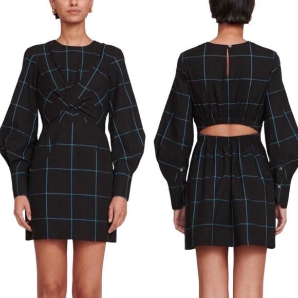 STAUD Mini Crosshill Dress Womens Medium Black Windowpane Blue Check Long Sleeve - Picture 1 of 16